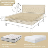 Full Size Adjustable Height Platform Bed Frame with Beige Upholstered Headboard