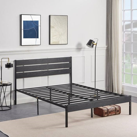 Full size Industrial Platform Bed Frame with Wood Slatted Headboard in Black