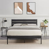 Full size Industrial Platform Bed Frame with Wood Slatted Headboard in Black