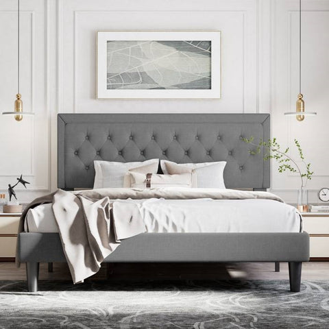 Full Size Dark Grey Linen Upholstered Platform Bed with Button-Tufted Headboard