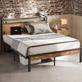 Full Size Industrial Platform Bed Frame with Storage Headboard and Power Outlets