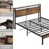 Full Size Industrial Platform Bed Frame with Storage Headboard and Power Outlets