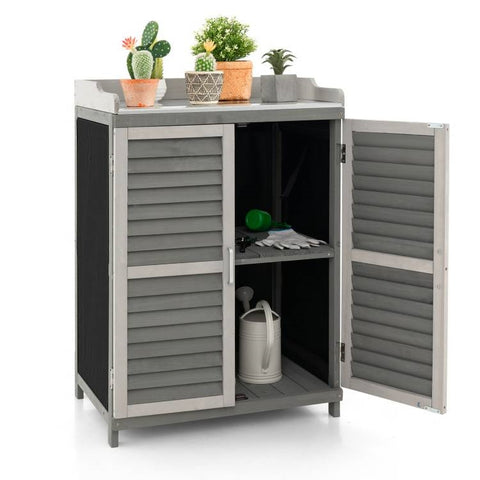 Grey Solid Wood Patio Storage Cabinet Garden Potting Bench Table with Metal Top
