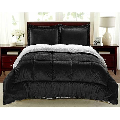 Queen Size 3 Piece Ultra Soft Sherpa Wrinkle Resistant Comforter Set in Black