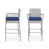 Set of 2 Grey Indoor/Outdoor Wicker Bar Stools w/ 2 Blue Cushions