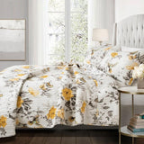 Full/Queen 3 Piece White Yellow Grey Reversible Floral Birds Cotton Quilt Set
