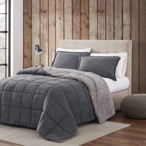 Full/Queen Plush Sherpa Reversible Micro Suede Comforter Set in Gray