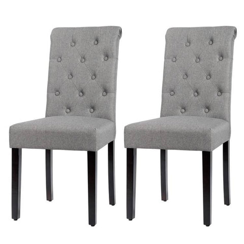 Set of 2 Grey Linen Button Tufted Dining Chair with Wood Legs