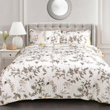 King size 3 Piece White Yellow Grey Reversible Floral Birds Cotton Quilt Set