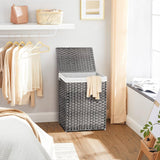 Grey Rattan Plastic Laundry Hamper Basket w/ Lid and Removable Cotton Liner Bag