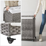 Handwoven Grey PP Rattan 3-Bag Laundry Basket Cart with Cotton Liner on Wheels