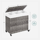 Handwoven Grey PP Rattan 3-Bag Laundry Basket Cart with Cotton Liner on Wheels