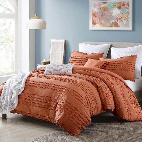 Full/Queen 5-Piece 100-Percent Cotton Clip Dot Comforter Set in Brick Orange