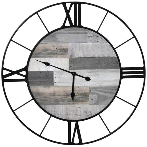 Large 32-inch Roman Numeral Wall Clock Black Metal with Grey Wood Interior