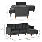 Modern Mid-Century Reversible L-Shaped Sectional Sleeper Sofa in Black Velvet