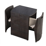 3 Piece Compact Espresso/White Wicker Patio Cushioned Outdoor Chair Table Set