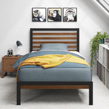 Twin Metal Platform Bed Frame with Bamboo Wood Slatted Headboard and Footboard