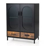 Modern Black Brown Metal Wood Sideboard Dining Buffet Cabinet with Glass Doors