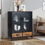 Modern Black Brown Metal Wood Sideboard Dining Buffet Cabinet with Glass Doors