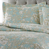 King size 3-Piece Reversible Cotton Quilt Set with Seafoam Blue Beige Floral Pattern