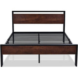 King Metal Platform Bed Frame with Mahogany Wood Panel Headboard Footboard