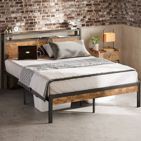King Size Industrial Platform Bed Frame with Storage Headboard and Power Outlets