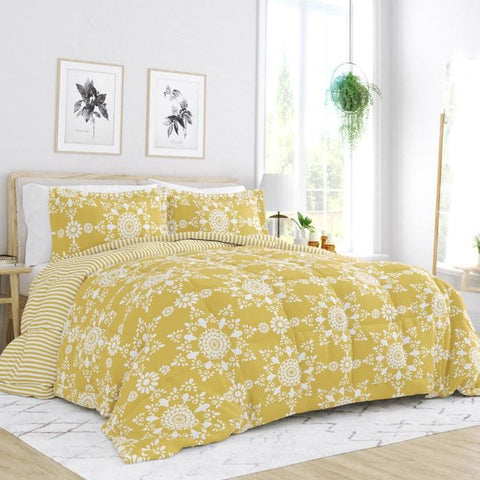King Size 3 Piece Yellow Reversible Daisy Medallion Stripped Comforter Set