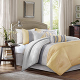 King Size 7 Piece Bed In A Bag Comforter Set Faux Silk Yellow Gray Stripes