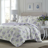 Full / Queen size 3-Piece Cotton Quilt Set with White Purple Floral Pattern