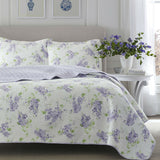Full / Queen size 3-Piece Cotton Quilt Set with White Purple Floral Pattern