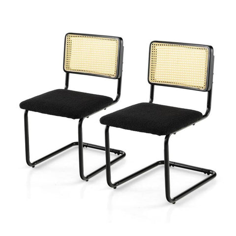 Set of 2 - Modern Mid-Century Black Dining Chair with Beige Rattan Backrest