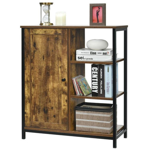 Modern Industrial Black Metal Brown Wood Sideboard Buffet Storage Shelf Cabinet