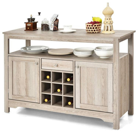 Grey Wood Sideboard Buffet Server Cabinet with Wine Rack and Storage Shelf