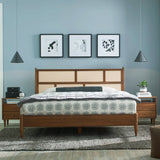 Queen Size Hardwood Platform Bed Frame with Cane Paneling Headboard in Walnut
