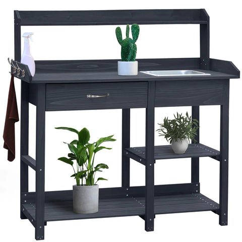 Grey Wood Outdoor Garden Potting Bench Storage Shelf with Removeable Sink
