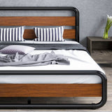 Queen Heavy Duty Modern Industrial Metal Wood Platform Bed Frame with Headboard