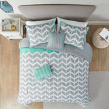 Full/Queen Reversible Comforter Set with Grey White Aqua Teal Chevron Pattern