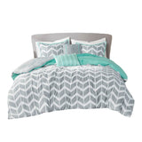 Full/Queen Reversible Comforter Set with Grey White Aqua Teal Chevron Pattern