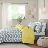 Full / Queen size Reversible Comforter Set in Grey White Yellow Chevron Stripe