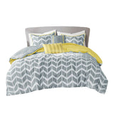 King / Cal King Reversible Comforter Set in Grey White Yellow Chevron Stripe