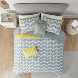 King / Cal King Reversible Comforter Set in Grey White Yellow Chevron Stripe
