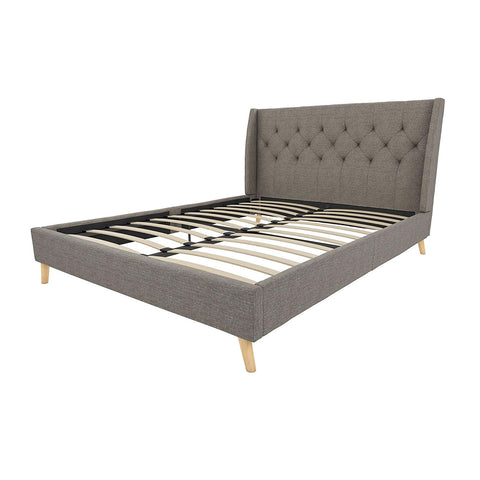 Full size Grey Linen Upholstered Platform Bed with Wingback Headboard