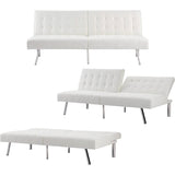 Mid-Century Modern Split Back Futon Sleep Sofa Bed in White Faux Leather