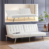 Mid-Century Modern Split Back Futon Sleep Sofa Bed in White Faux Leather
