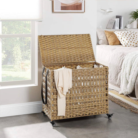 Tan PP Rattan 3-Basket Laundry Hamper Sorter Cart with Removable Cotton Bags