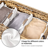 Tan PP Rattan 3-Basket Laundry Hamper Sorter Cart with Removable Cotton Bags