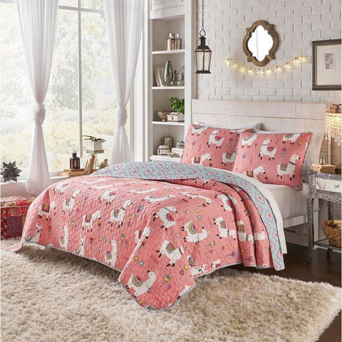 Full/Queen Pink Blue Reversible Floral Llama 100-Percent Cotton Quilt Set