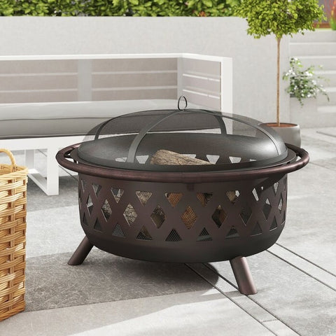Weather Resistant Steel Wood Burning Fire Pit with Spark Screen