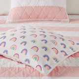 Twin Size 2 Piece Pink White Stripes Reversible Rainbows Cotton Quilt Set