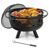 Portable Patio Screened Wood Burning Fire Pit Cooking Grill with Poker